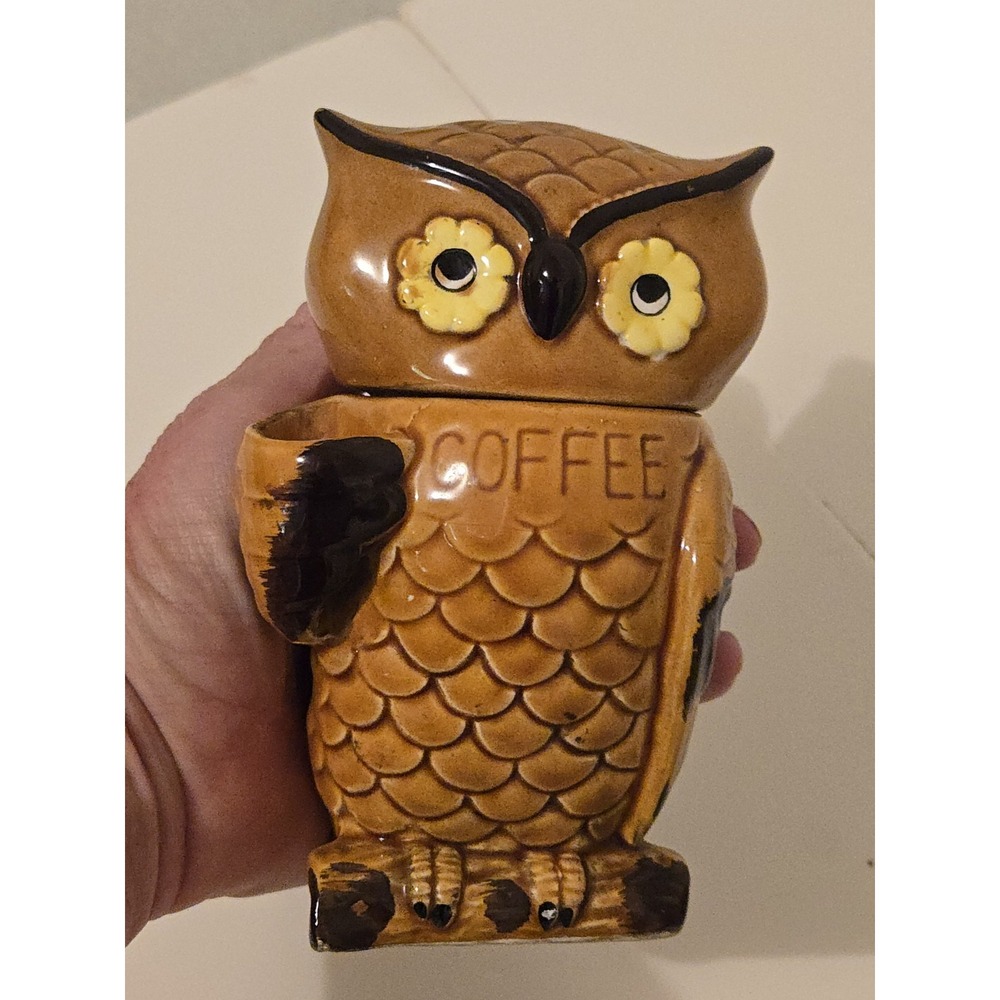 Vintage 70s Ceramic Brown Owl Coffee Canister Jar Retro Kitchen Decor Japan
